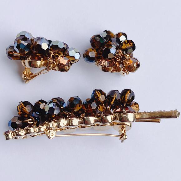 VTG Juliana Mid Century Cha Cha Brooch Earrings Set Gold Tone AB Beads Root Beer - Picture 9 of 14